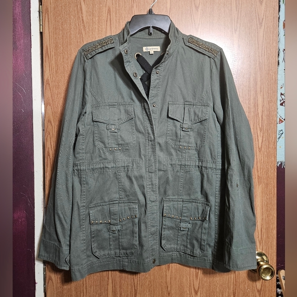 Democracy Womens Military Boho Jacket Studded Cargo Lace Back 100% Cotton!